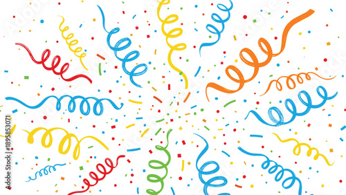 Colorful confetti and paper streamers burst from the center to create a festive and celebratory party background.