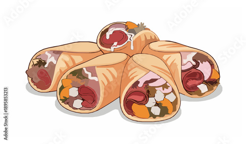 Juicy 3D shawarma wraps with wild boar radish and feta cheese isolated on white