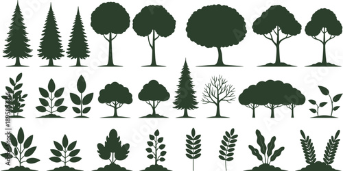 Tree and Plant Silhouette Vector Set with Forest, Shrubs, and Botanical Shapes for Nature Landscapes, Eco Designs, and Environmental Graphics
