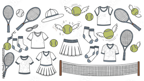 Detailed illustrations of tennis equipment and apparel including rackets, balls, and clothes for sports enthusiasts.
