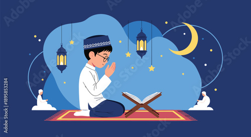 Devout Muslim boy kneels on a prayer mat and reads the Quran at night during the holy month of Ramadan celebration.