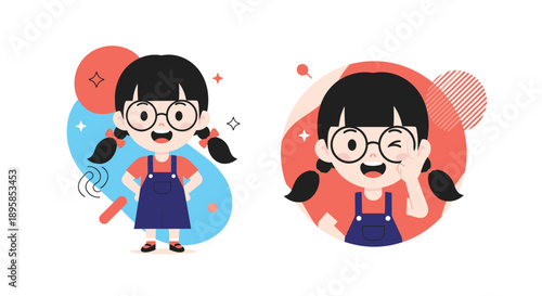 A set of two illustrations of a cute cartoon girl with pigtails and glasses one standing confidently and one winking playfully.