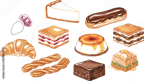 Hand Drawn Bakery Desserts Set With Croissant Cake Eclair Pudding And Pastry Sketch Illustrations Isolated On White Background