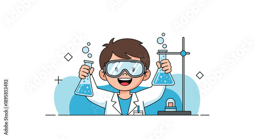 An excited young boy wearing a lab coat and safety goggles doing a chemistry experiment with bubbling flasks in a science lab.