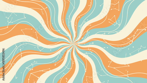 Retro and wavy pattern with constellations in orange, blue, and cream provides a nostalgic sixties astronomy theme.