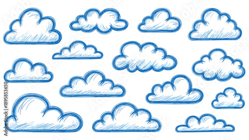 Various hand-drawn blue clouds with detailed sketch textures on a white background offer a variety of sky elements.