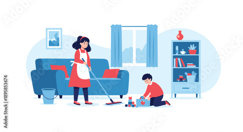 A mother mopping the floor while her young son helps with household chores by putting his toys away in a box in the living room.