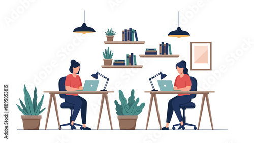 Two young women work diligently at their desks in a home office or library setting with laptops, books, and plants.