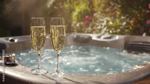 Two champagne flutes filled with sparkling wine sit on the edge of a bubbling hot tub in a sunny outdoor garden setting.