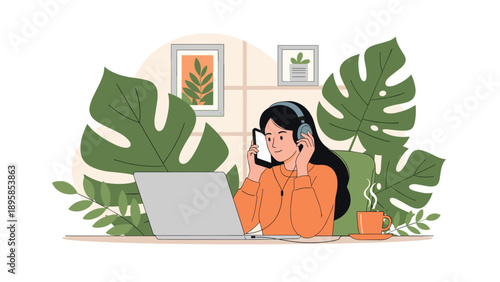 Young woman wears headphones while working on her laptop in a cozy room filled with large tropical green plants.