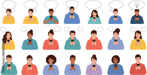 People with Speech Bubbles Character Vector Set Showing Men and Women Thinking, Messaging, and Communication Concepts for Dialogue, Ideas, and Social Designs