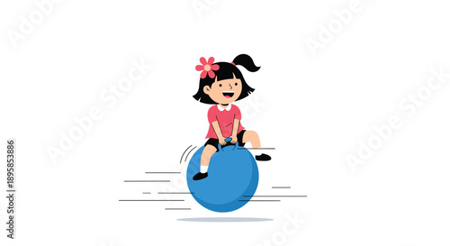 A cute little girl with a flower in her hair is happily bouncing on a blue space hopper ball with motion lines indicating speed.