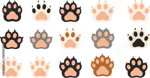 Cute Animal Paw Print Vector Set with Dog and Cat Footstep Icons for Pet Care, Veterinary Branding, and Animal Themed Designs