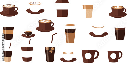 Minimal Coffee Cup And Beverage Elements Icon Set With Espresso Latte Cappuccino And Takeaway Drinks In Flat Modern Illustration Style Isolated On White Background