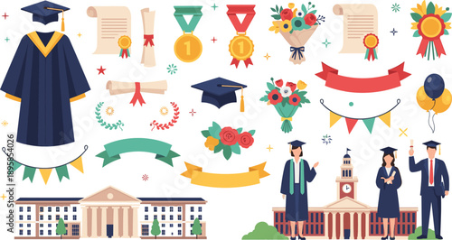 Graduation Ceremony Vector Set with Diplomas, Medals, Academic Gowns, University Buildings, and Celebration Elements for Education and Achievement Designs