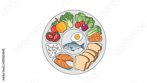 Balanced diet plate illustration showing a healthy variety of food groups including vegetables, fruits, protein, dairy, and whole grains.