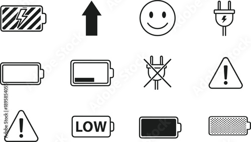 Battery Status Icon Set Featuring Low Power Levels Charging Indicators Warning Signs Electric Plugs And Emoji Symbols For Mobile Interface Design And Energy Management
