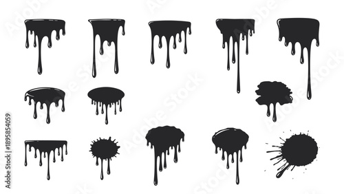 Graphic design element set featuring various black ink drips, liquid splatters, and paint stains isolated on a clean white background.