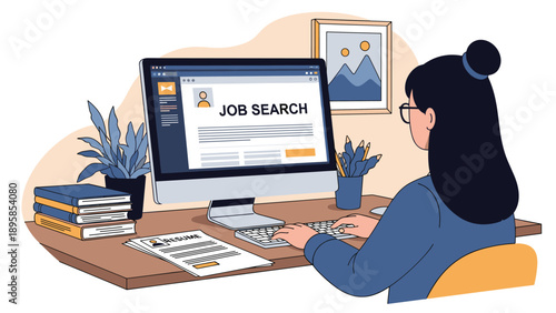 Young woman sitting at a home office desk looking for new career opportunities on a job search website using her computer and resume.