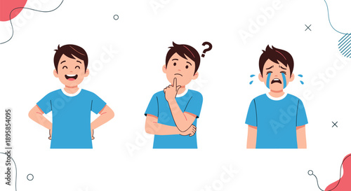 A set of three illustrations showing a young boy's emotional states including being happy and confident thinking and confused and crying.