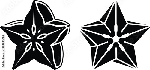 Geometric vector silhouette illustration of starfruit carambola slices, cross section fruit icons isolated on white background for tropical food design.