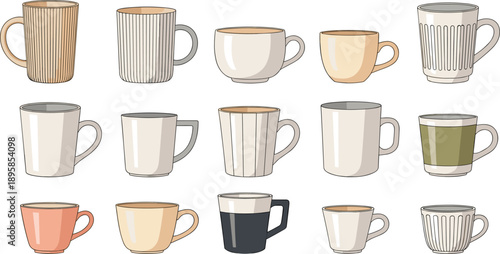 Coffee and Tea Cup Vector Set with Hand Drawn Ceramic Mug Designs for Cafe Branding, Beverage Menus, Kitchen Decor, and Lifestyle Illustrations