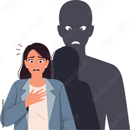 Scared Woman with Dark Shadow Figure Behind Vector Illustration Representing Fear, Threat, Anxiety, Harassment, and Personal Safety Awareness Concepts