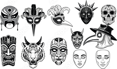 Collection Of Cultural Mask Icons Featuring Venetian Carnival Plague Doctor Tiki Totem Tiger Sugar Skull And Theatre Masks For Masquerade Party And Festival Design