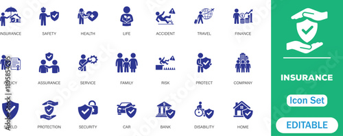 Insurance Icon Set. Features editable icons for insurance symbols, health insurance, safety, risk management, etc. Perfect for insurance companies, financial advisors, and insurance brokers.
