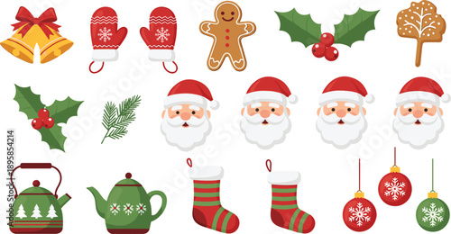 Christmas Holiday Icon Vector Set with Santa Claus Faces, Decorations, Cookies, Bells, and Winter Accessories for Seasonal Designs and Festive Graphics