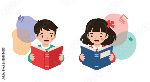 A cute cartoon boy and girl are happily reading their own books with colorful abstract shapes in the background for a literacy concept.