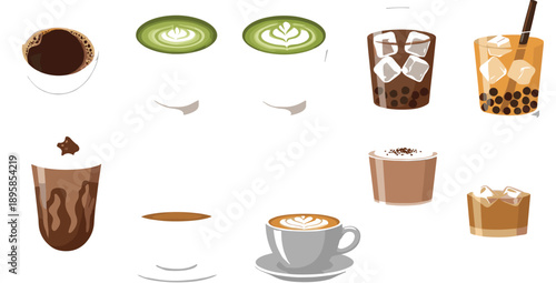 Minimal Coffee And Beverage Icon Set With Espresso Latte Matcha Iced Drinks And Bubble Tea In Clean Flat Illustration Style Isolated On White Background