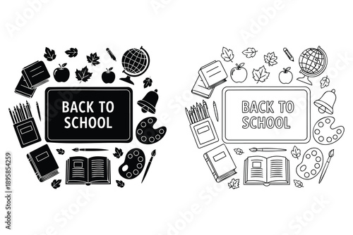 Back to school icons with school supplies and text on blackboard and whiteboard  education concept