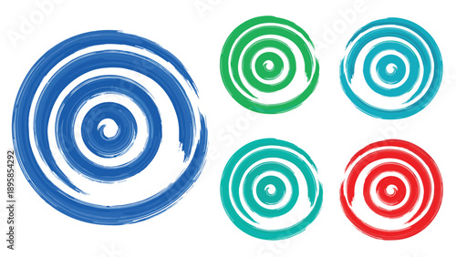 Set of five artistic paint brush spirals in different colors like blue, green, and red, arranged in a clean layout on a white background.