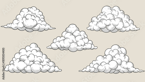 Detailed hand drawn sketches of five fluffy cumulus clouds with traditional cross hatch shading on a neutral grey background for sky art.
