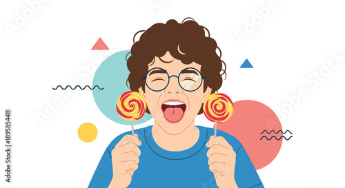 A joyful boy with curly hair and glasses holds two colorful swirl lollipops against a modern background with geometric shapes.