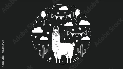 Festive line art illustration on a dark background featuring a happy white llama surrounded by party balloons, clouds, and desert cacti.