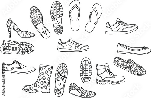 Footwear Icon Set Featuring Various Shoe Styles Including Sneakers High Heels Boots Loafers Flip Flops And Shoe Sole Prints For Fashion Design And Marketing Illustrations