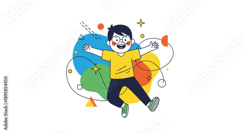 A joyful cartoon boy with glasses jumping in the air with his arms outstretched against a vibrant abstract and colorful background.