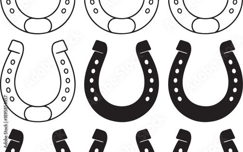 Horseshoe variations with nails on white background