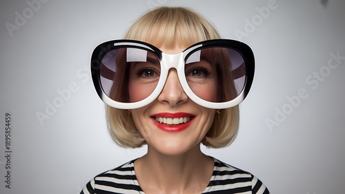 Cheerful blonde woman, humorous oversized sunglasses, smiling wide angle close up portrait