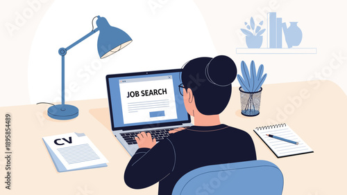 Young woman working from home, searching for a job on her laptop with a desktop lamp, CV, and notebook arranged on a clean workspace.