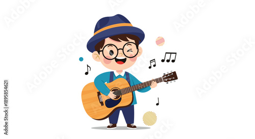 A cute and stylish little boy wearing a hat and glasses is happily playing the acoustic guitar with music notes floating around him.