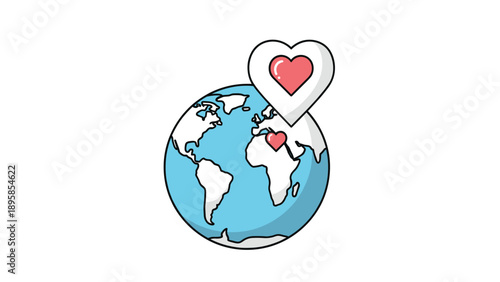 Global love and unity illustration showing a blue planet Earth with a location pin containing a red heart symbol over a specific region.