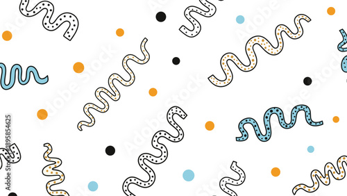 Festive abstract seamless pattern with multicolored squiggly lines and solid dots scattered across a clean white background for design.