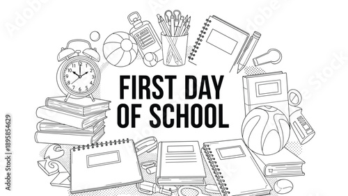Educational first day of school concept with various supplies like books, pencils, and clocks in a black and white line art style.