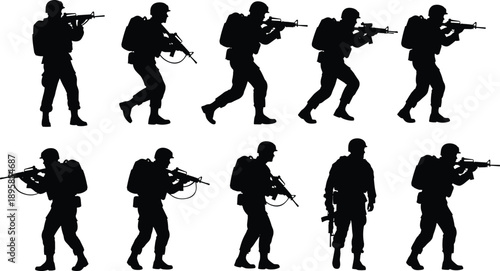 Military Soldier Silhouette Set Featuring Armed Infantry Special Forces Army Men In Tactical Gear With Rifles Marching Patrolling And Combat Poses Isolated Vector Illustration