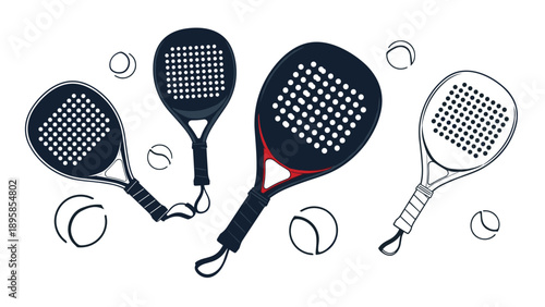 Padel rackets and balls arranged in a dynamic composition featuring different colors and styles for sports fans.