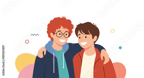 Two happy young male friends or brothers smiling with one having his arm around the other's shoulder in a gesture of friendship.