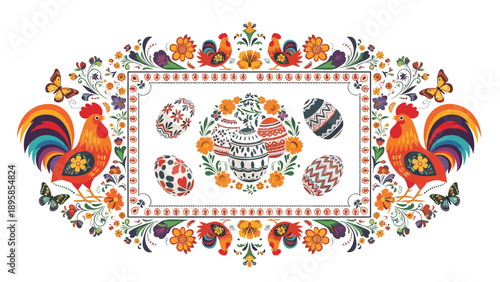 Colorful folk art Easter design featuring roosters, decorated eggs, and floral patterns in a traditional artistic style.
